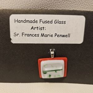 Handmade Fused Glass Pendant Red White Green